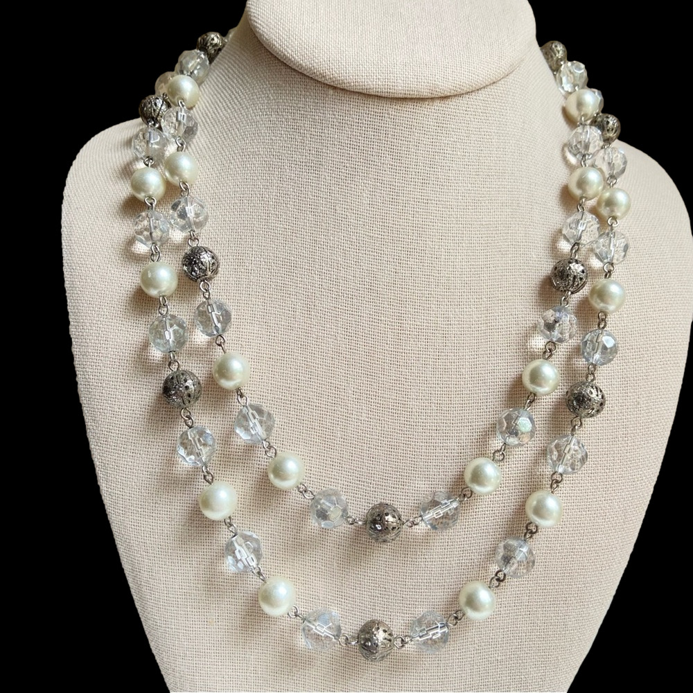 Long necklace with faux pearls filigree acrylic beads single strand continuous